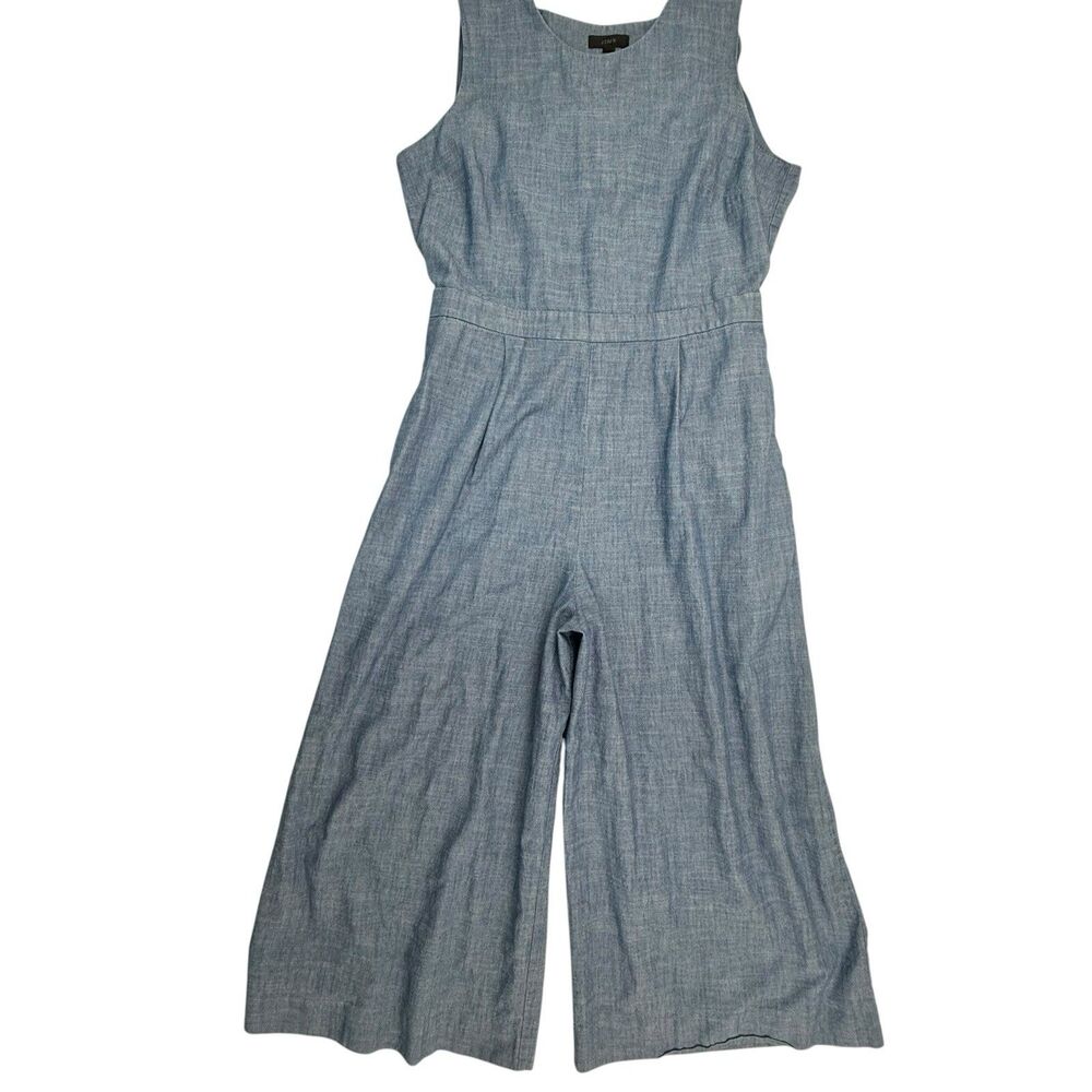 J Crew Chambray Wide Legged Jumpsuit Women 12 Romper Cropped Preppy Back Cut Out